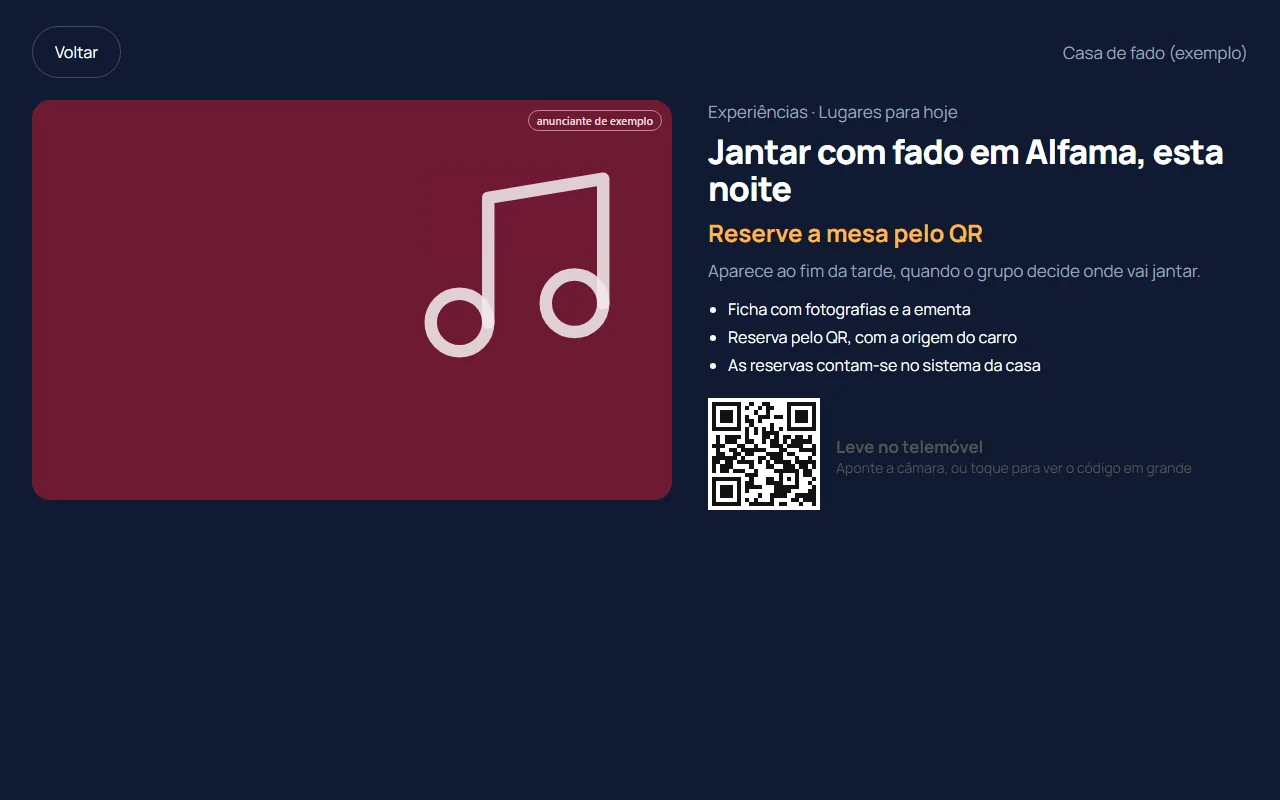 A ficha de um anunciante de exemplo, com o texto e o código para reservar