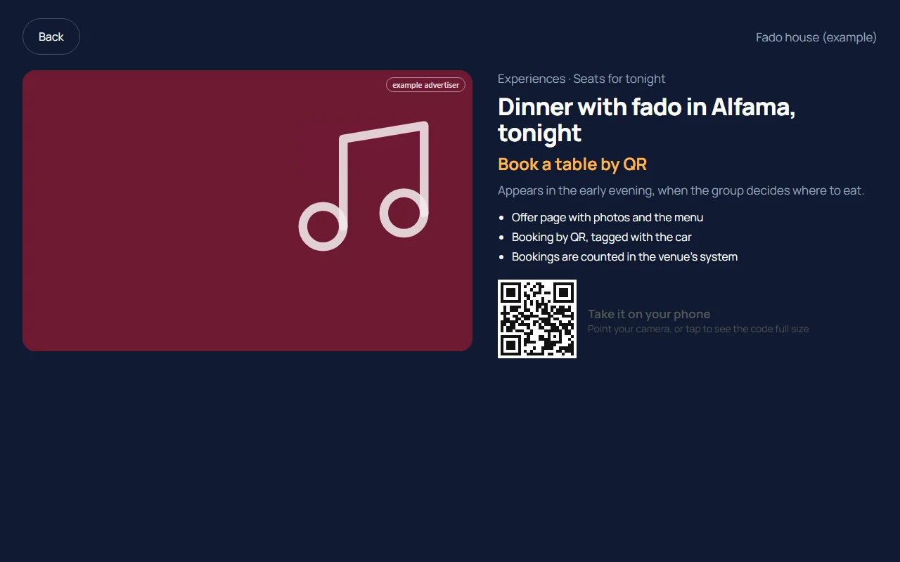 An example advertiser's offer page, with the text and the code to book
