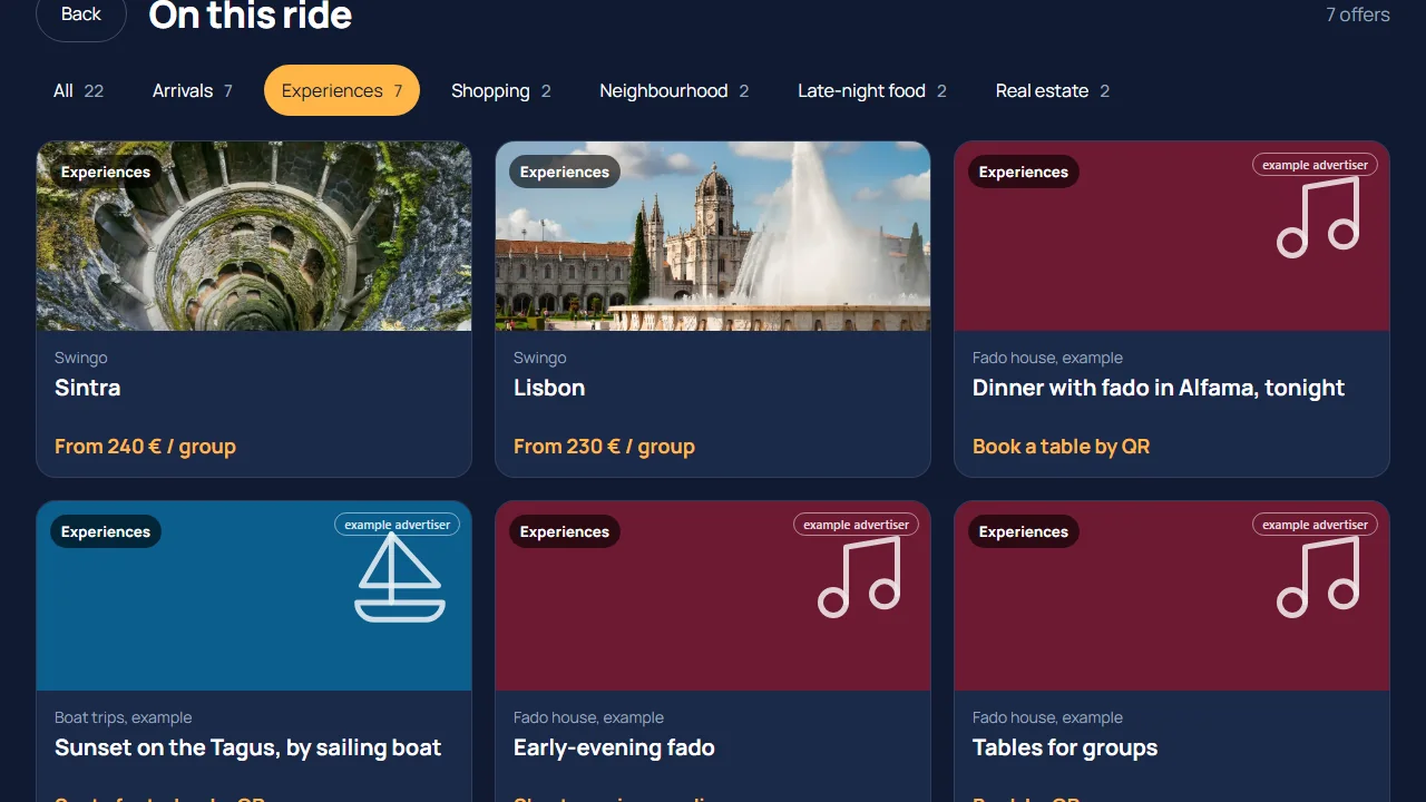 The tablet screen: the On this ride catalogue, with offers from several segments